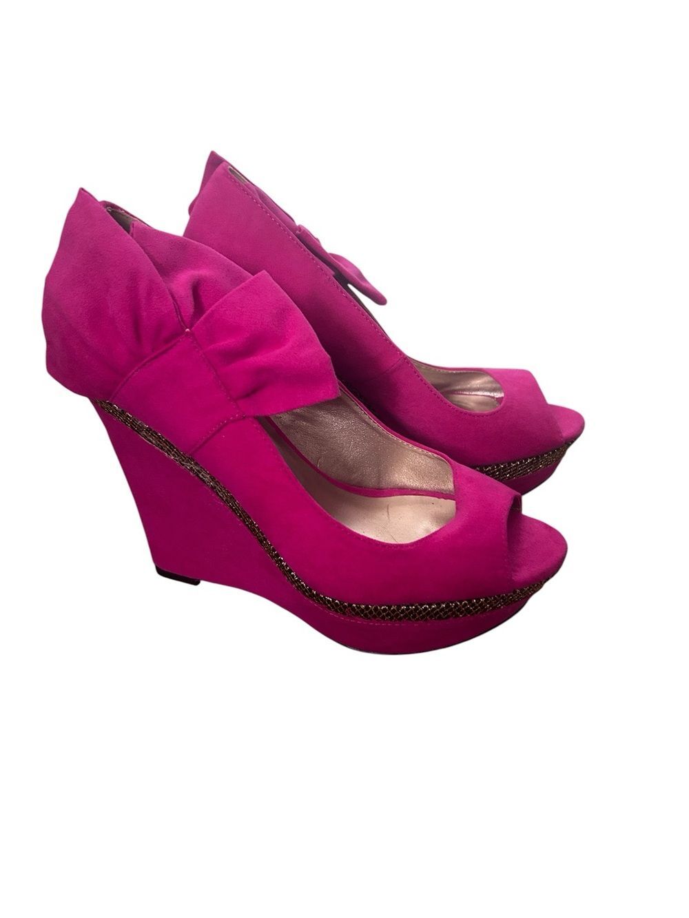 Qupid Hot Pink Peep-Toe Wedge with Bow Size 7.5